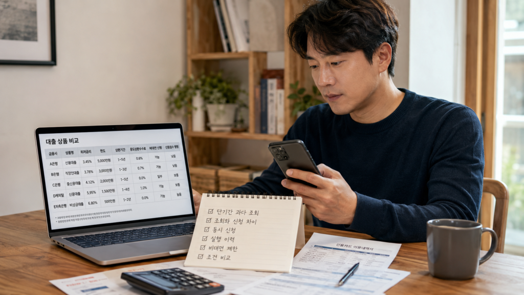 단기간 과다 조회와 동시 신청 등 대출 조회 불리한 경우를 비교하는 한국인 남성