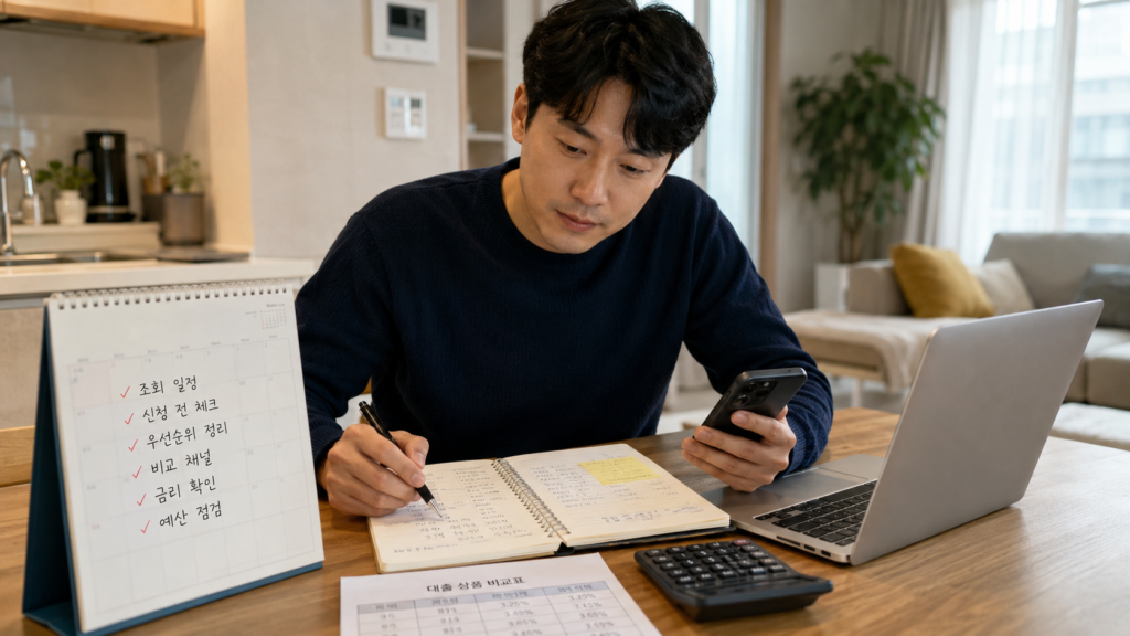 대출 조회 일정과 예산 점검 계획을 정리하는 한국인 직장인