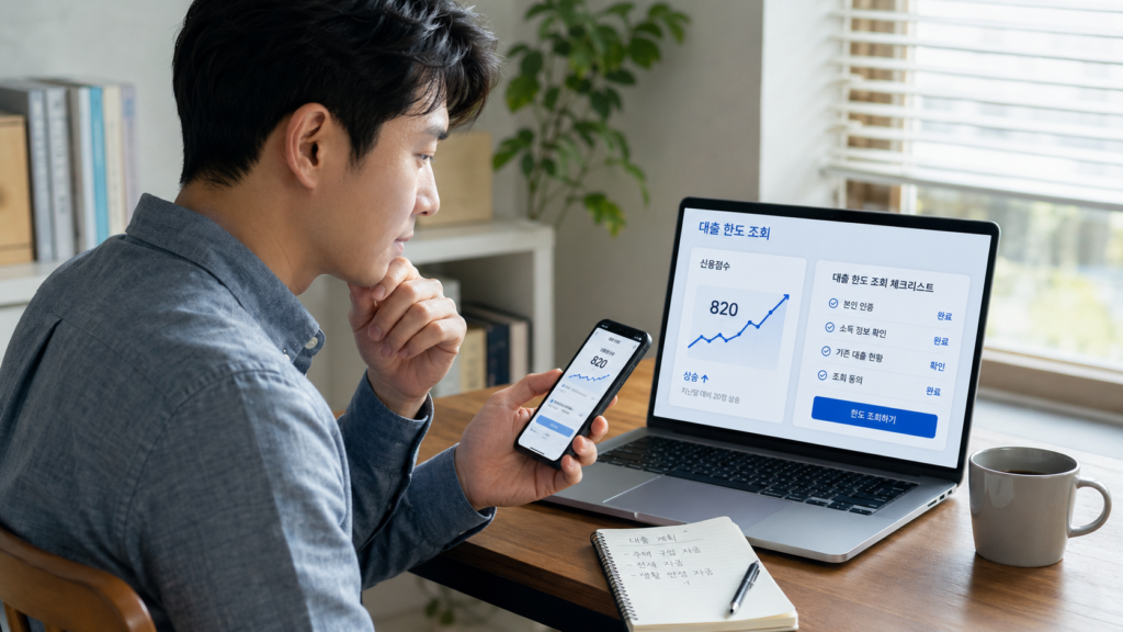 신용점수 안 떨어지게 대출 조회하는 7가지 방법|조회·신청·거절 차이 한 번에 정리 2 한국인 직장인이 노트북과 스마트폰으로 대출 한도 조회와 신용점수를 확인하는 모습
