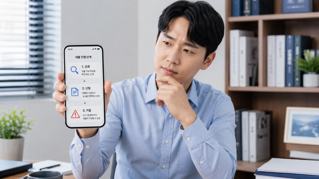 신용점수 안 떨어지게 대출 조회하는 7가지 방법|조회·신청·거절 차이 한 번에 정리 3 한국인 직장인이 스마트폰으로 대출 조회 신청 거절 차이를 확인하는 장면
