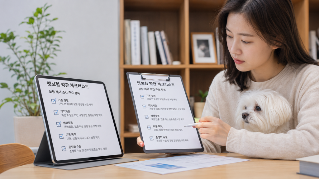 펫보험 가입 전 보장 제외 조건 확인하는 법 7가지|나중에 후회 안 하려면 꼭 보세요 2 한국인 보호자가 반려동물과 함께 펫보험 약관과 보장 제외 조건을 확인하는 모습