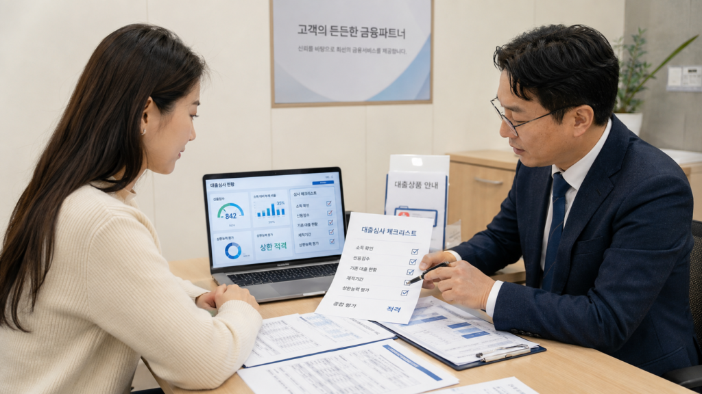 정부지원대출 신청했는데 왜 부결될까? 실제로 많이 막히는 현실적인 이유 7가지 2 정부지원대출 심사 기준을 상담받는 한국인 여성과 금융상담사 이미지