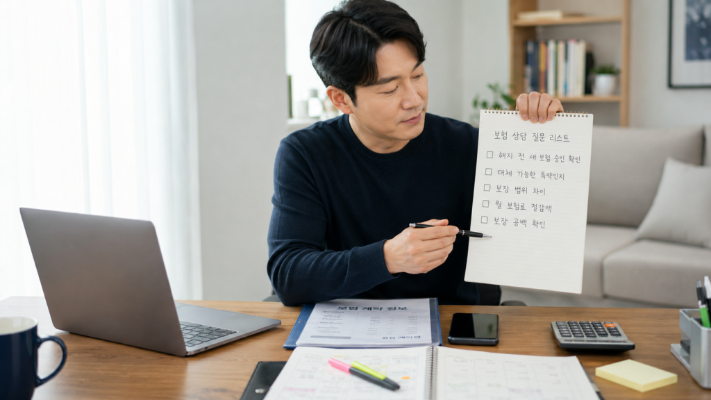 보험 리모델링 받을 때 절대 먼저 해지하면 안 되는 특약 7가지 4 보험 상담 전에 해지 전 확인사항과 질문 리스트를 정리하는 한국인 직장인 이미지