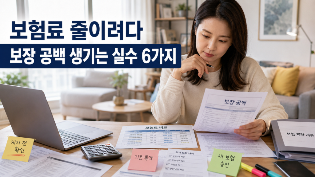 보험료 줄이려다 보장 공백 생기는 실수 6가지를 설명하는 한국인 여성 보험 점검 썸네일 이미지