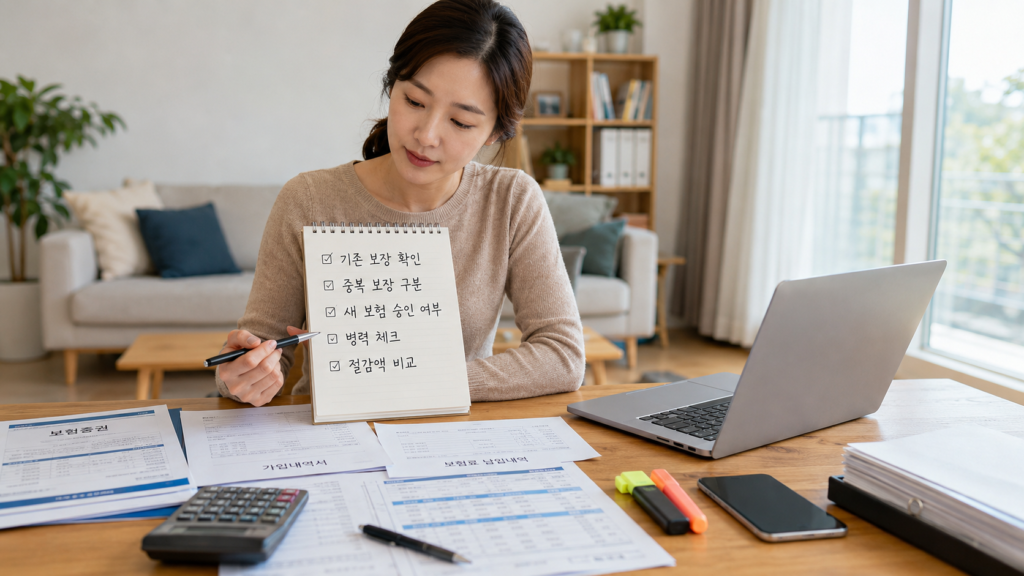 보험료 줄이기 전 기존 보장과 중복 보장 여부를 체크하는 한국인 여성 이미지