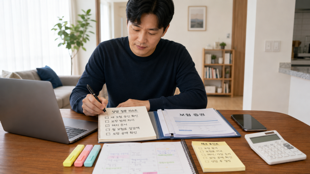 보험 상담 전에 보장 범위와 해지 순서를 정리하는 한국인 직장인 이미지