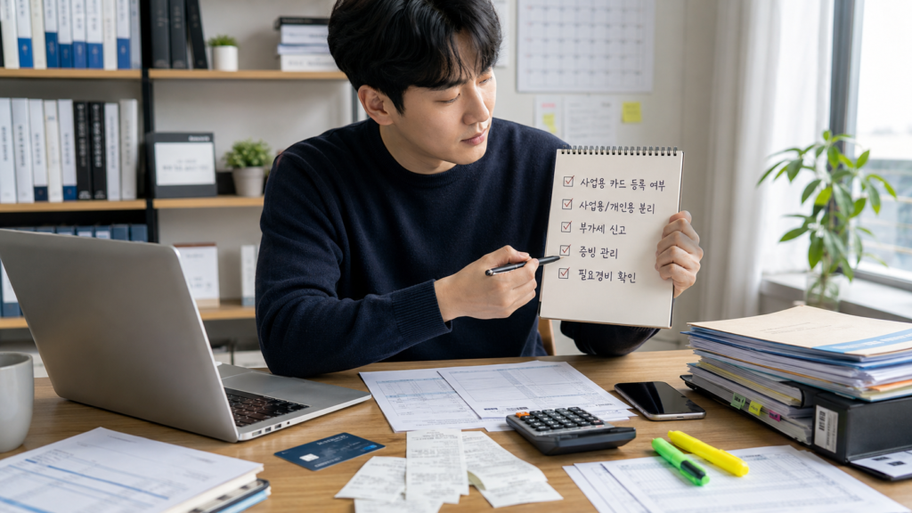 사업용 신용카드 등록 여부와 증빙 관리를 체크하는 한국인 개인사업자 이미지