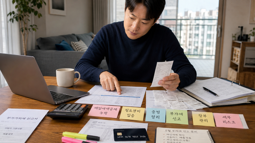 사업용 신용카드와 세금 신고 서류를 보며 매입세액공제 누락과 세무 리스크를 확인하는 한국인 개인사업자 이미지