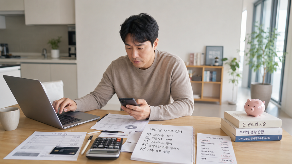 한국인 직장인이 카드 사용 내역과 구독 서비스 목록을 보며 지출을 점검하는 모습