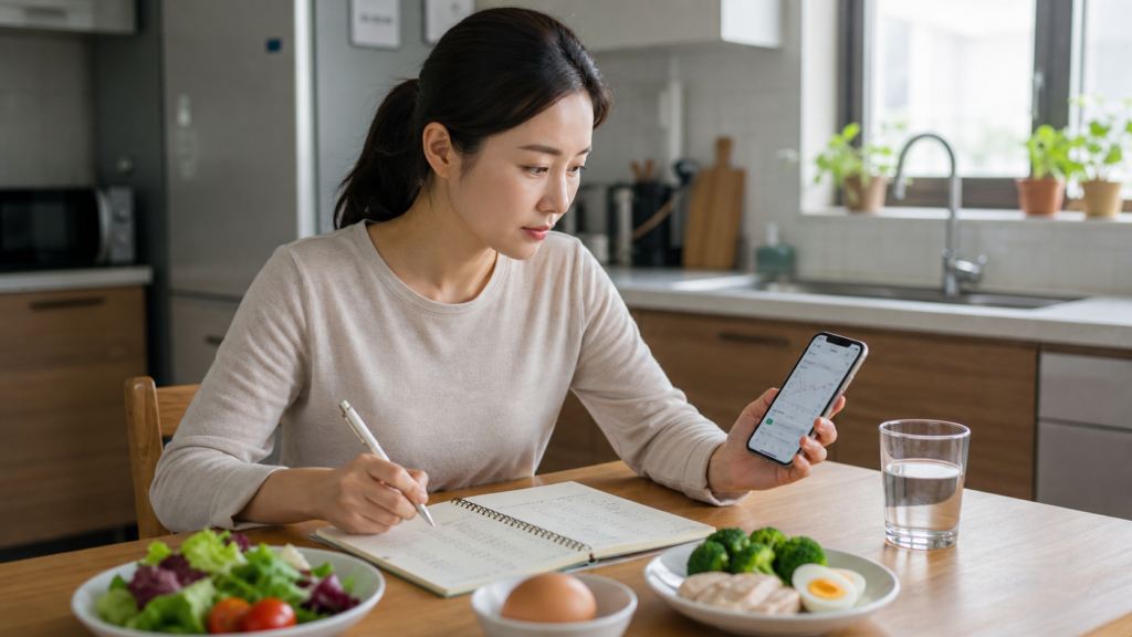 식단 노트와 혈당 관리 앱으로 다이어트 정체기를 분석하는 한국인 여성