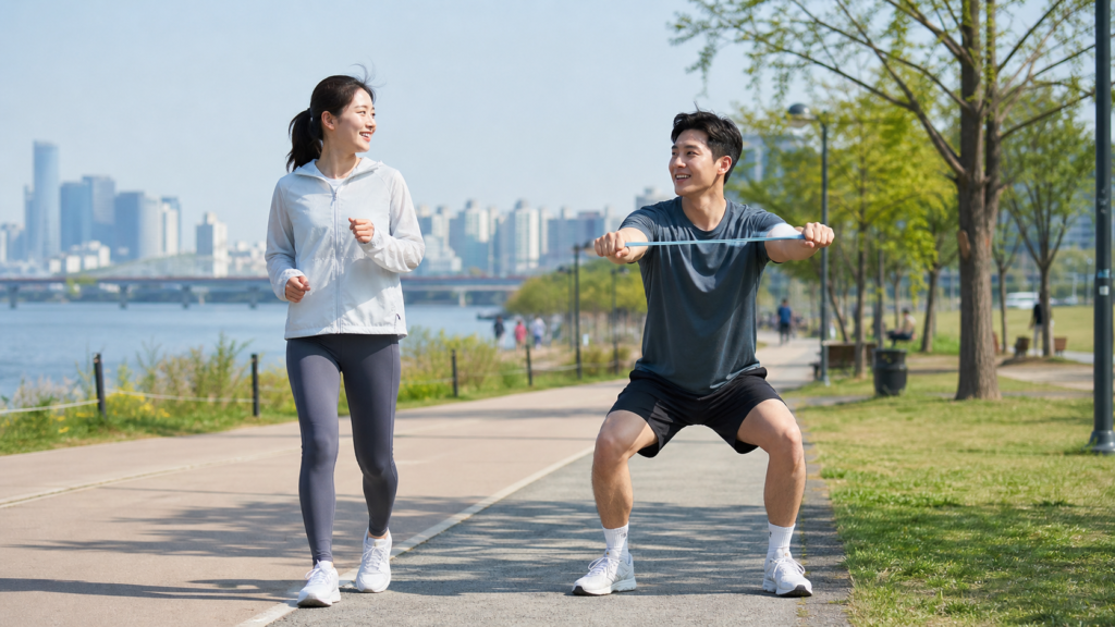 한강공원에서 걷기와 가벼운 근력운동으로 다이어트 정체기를 극복하는 한국인 남녀