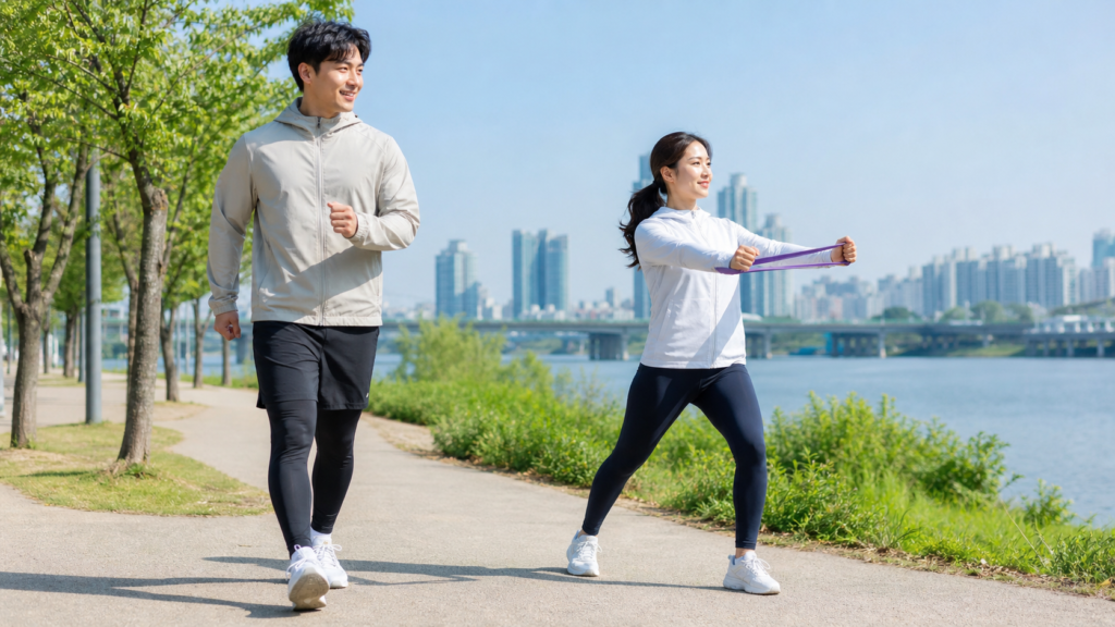 한강공원에서 걷기와 가벼운 근력운동으로 공복 혈당 관리를 실천하는 한국인 남녀