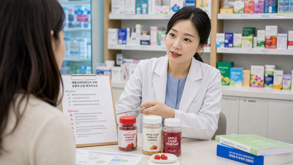 연예인 다이어트로 유명한 애플사이다비니거(애사비) 젤리 효과, 진짜 살 빠질까? 7가지 핵심 정리 3 애플사이다비니거 젤리 장단점과 체크리스트를 설명하는 한국인 약사 상담 장면