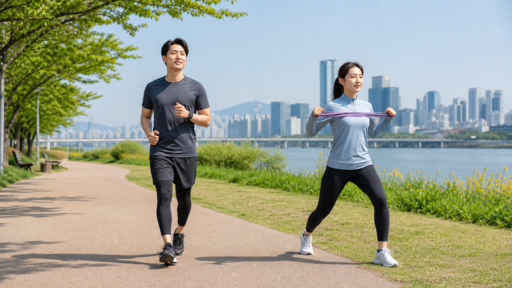 연예인 다이어트로 유명한 애플사이다비니거(애사비) 젤리 효과, 진짜 살 빠질까? 7가지 핵심 정리 4 한강공원에서 걷기와 가벼운 근력운동으로 건강한 체중 관리를 실천하는 한국인 남녀