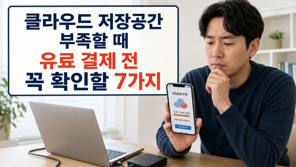 클라우드 저장공간 부족으로 유료 결제 전 확인 사항을 살펴보는 한국인 직장인 썸네일 이미지