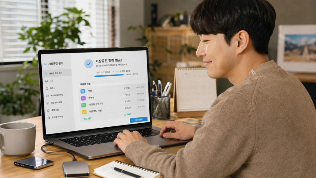 사진 영상 메신저 파일을 정리해 클라우드 저장공간을 확보한 한국인 남성 이미지