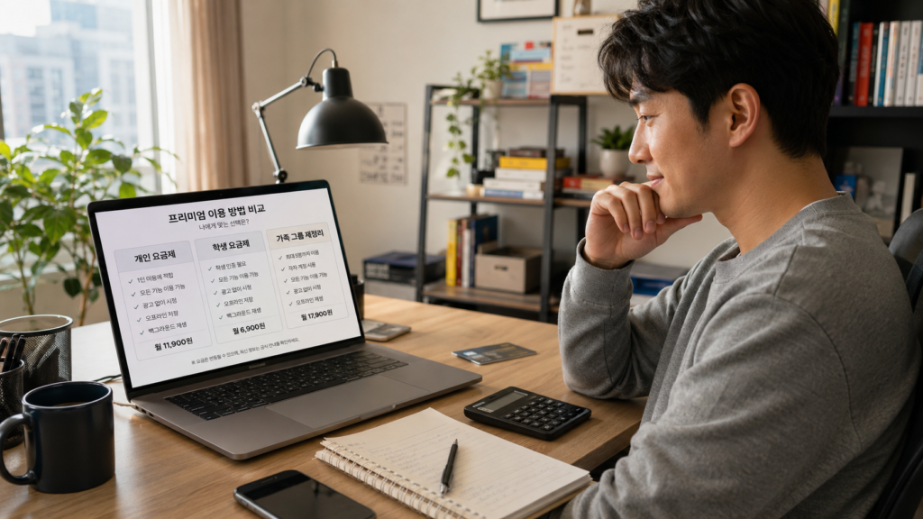 유튜브 프리미엄 가족요금제 대안으로 개인 요금제와 학생 요금제를 비교하는 한국인 남성 이미지