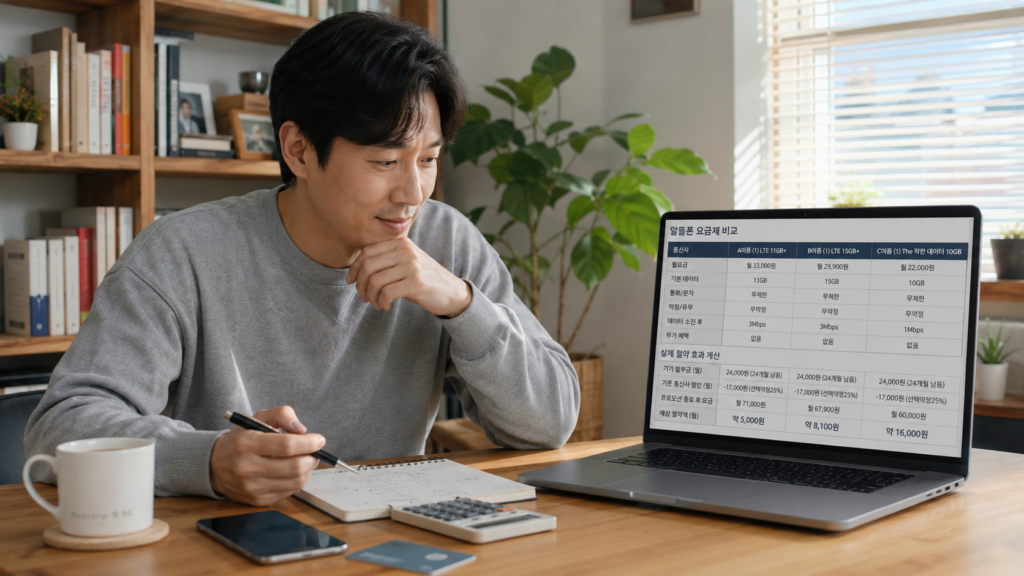 알뜰폰 요금 절감 효과를 계산하며 할부금과 기존 할인 조건을 비교하는 한국인 남성 이미지