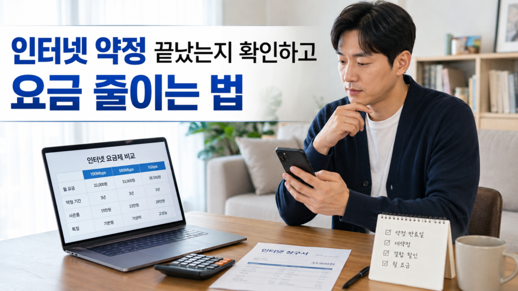 인터넷 약정이 끝났는지 확인하고 요금을 줄이는 방법을 살펴보는 한국인 직장인의 모습