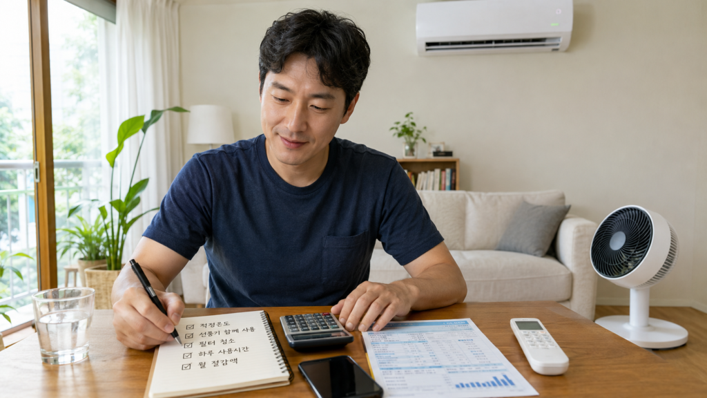에어컨 전기세 무서운 사람을 위한 사용시간 계산법 7가지, 저도 이렇게 계산하고 마음 놓고 틉니다 4 한국인 남성이 에어컨과 선풍기를 함께 사용하며 전기세 절약 방법을 확인하는 모습
