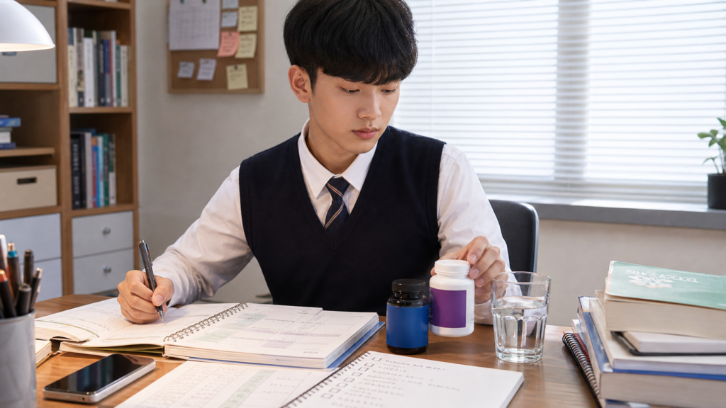 수험생이 오메가3와 테아닌 영양제를 공부 루틴에 맞춰 정리하는 모습