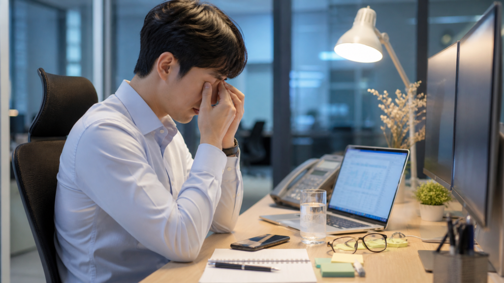 전자기기 많이 보는 직장인이라면? 눈 피로 회복에 좋은 아스타잔틴 복용 후기 7가지 2 전자기기 사용이 많은 직장인이 사무실에서 눈 피로를 느끼는 모습