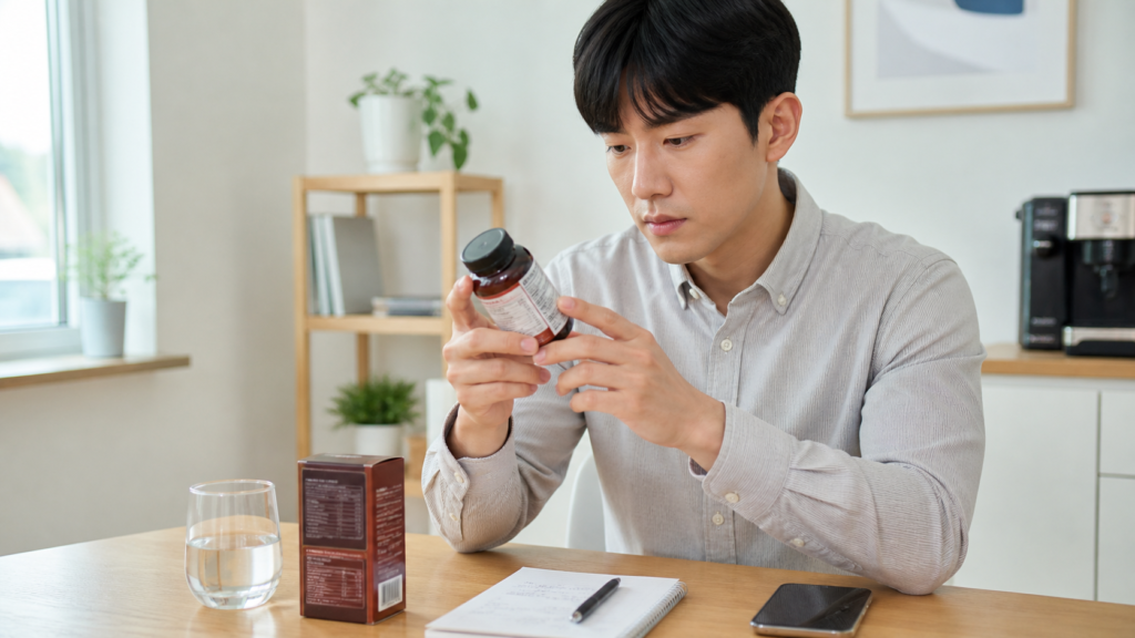 전자기기 많이 보는 직장인이라면? 눈 피로 회복에 좋은 아스타잔틴 복용 후기 7가지 3 직장인이 아스타잔틴 영양제 라벨과 성분표를 확인하는 모습