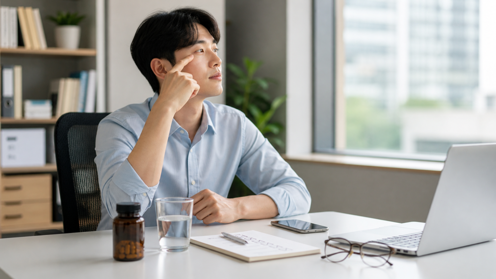 전자기기 많이 보는 직장인이라면? 눈 피로 회복에 좋은 아스타잔틴 복용 후기 7가지 4 직장인이 아스타잔틴 복용과 눈 휴식 루틴을 함께 관리하는 모습