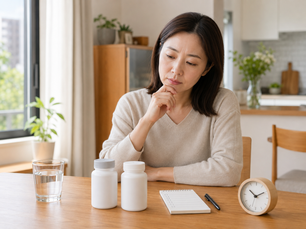 테아닌과 마그네슘 같이 먹어도 될까? 자기 전 함께 먹는 방법까지 정리 2 테아닌과 마그네슘 병용 전 체크리스트를 확인하는 한국인 여성