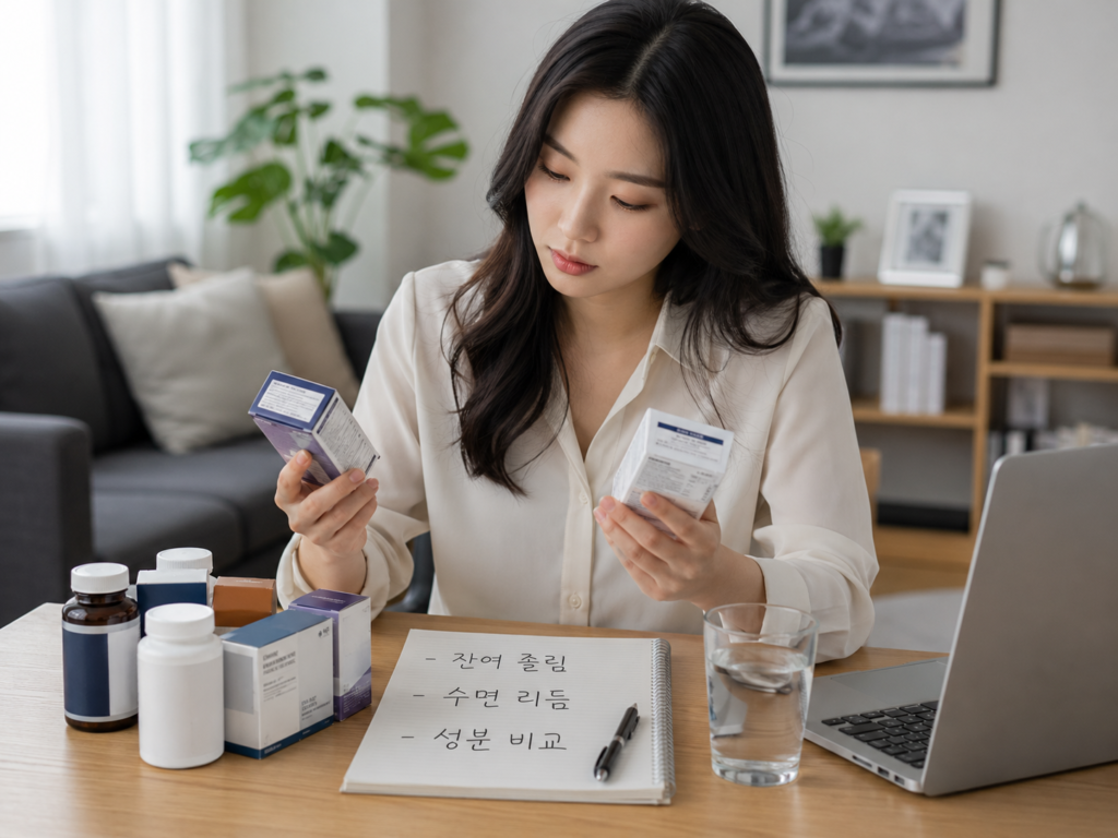 수면 보조 성분 선택 기준을 비교하며 잔여 졸림과 수면 리듬을 확인하는 한국인 여성 직장인