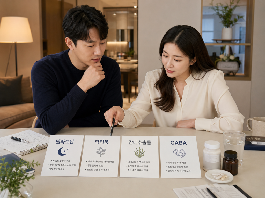 멜라토닌 락티움 감태추출물 GABA 등 수면 보조 성분 정보를 비교하는 한국인 남녀