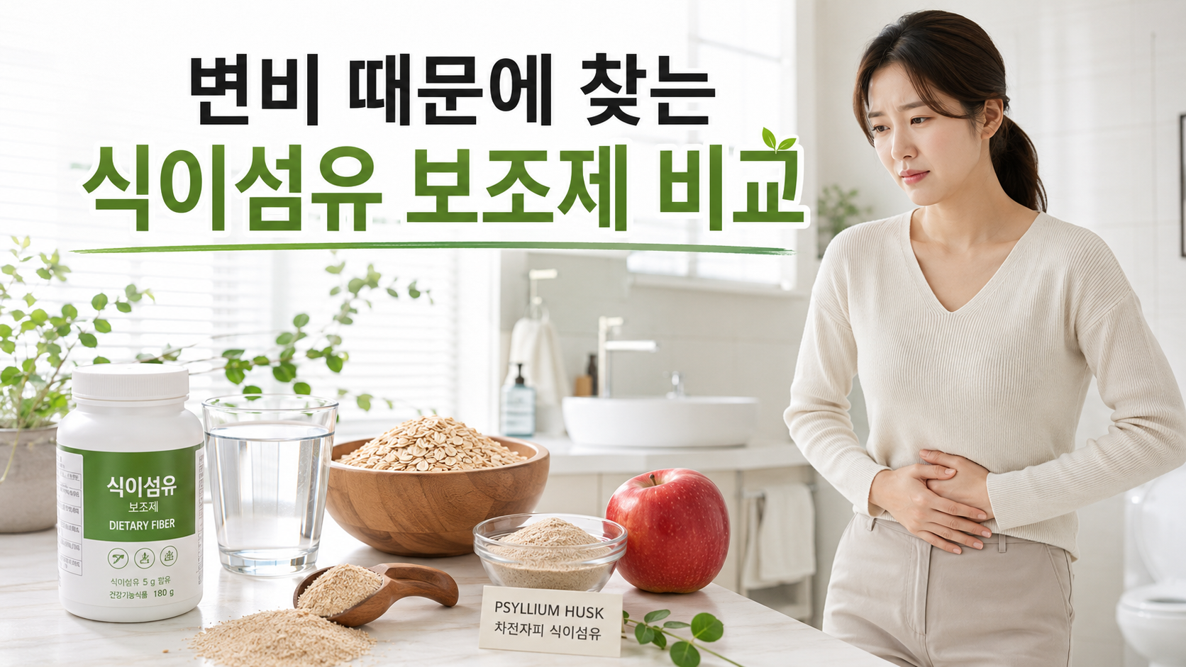 변비 때문에 찾는 식이섬유 보조제 비교 썸네일, 한국인 여성이 식이섬유 보조제와 물컵 앞에서 복부 불편감을 느끼는 모습