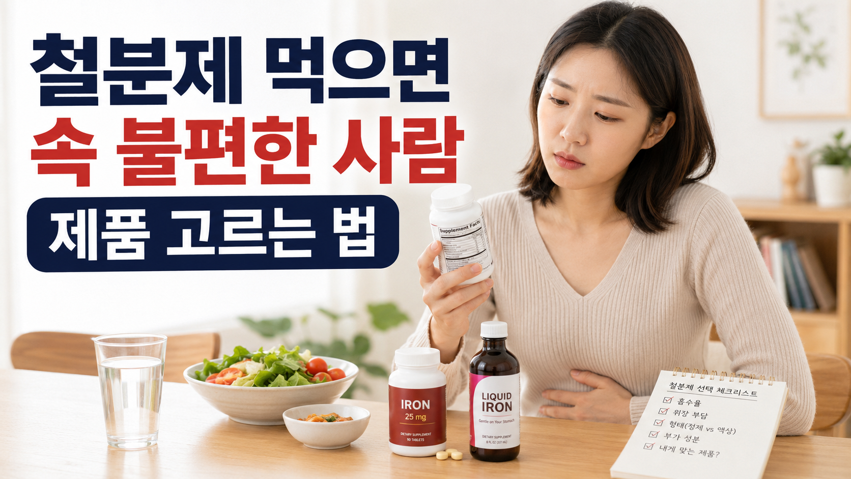 철분제 먹으면 속 불편한 사람 제품 고르는 법 썸네일, 한국인 여성이 철분제와 물컵 앞에서 성분을 확인하는 모습
