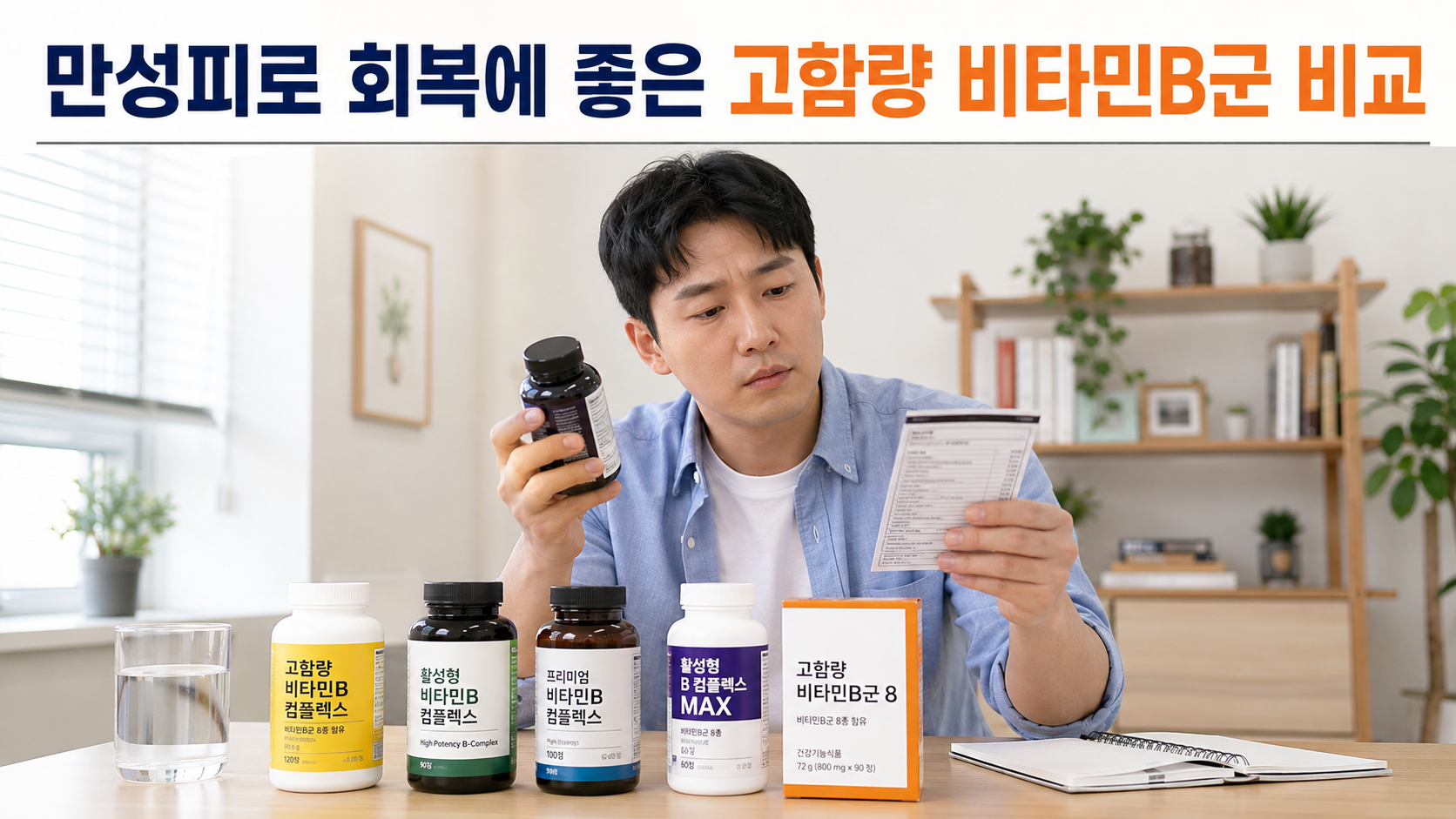 만성피로 회복에 좋은 고함량 비타민B군 비교 썸네일, 한국인이 활성형 비타민B군 제품을 비교하는 모습