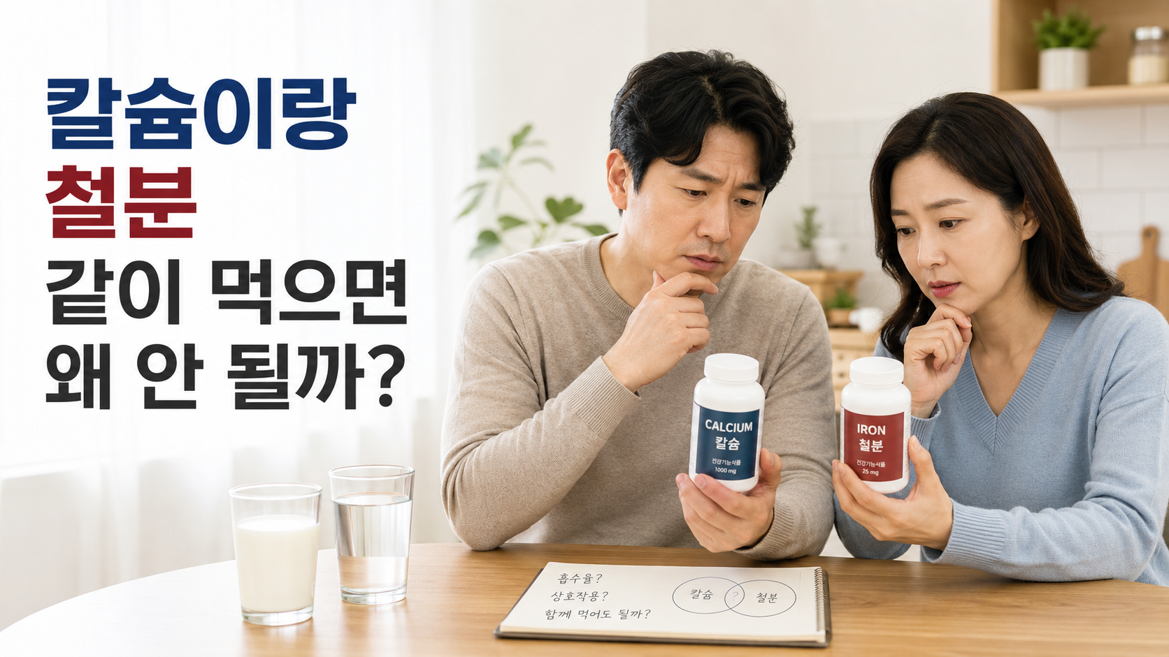 칼슘과 철분 영양제를 함께 먹어도 되는지 고민하는 한국인 부부의 건강 블로그 썸네일