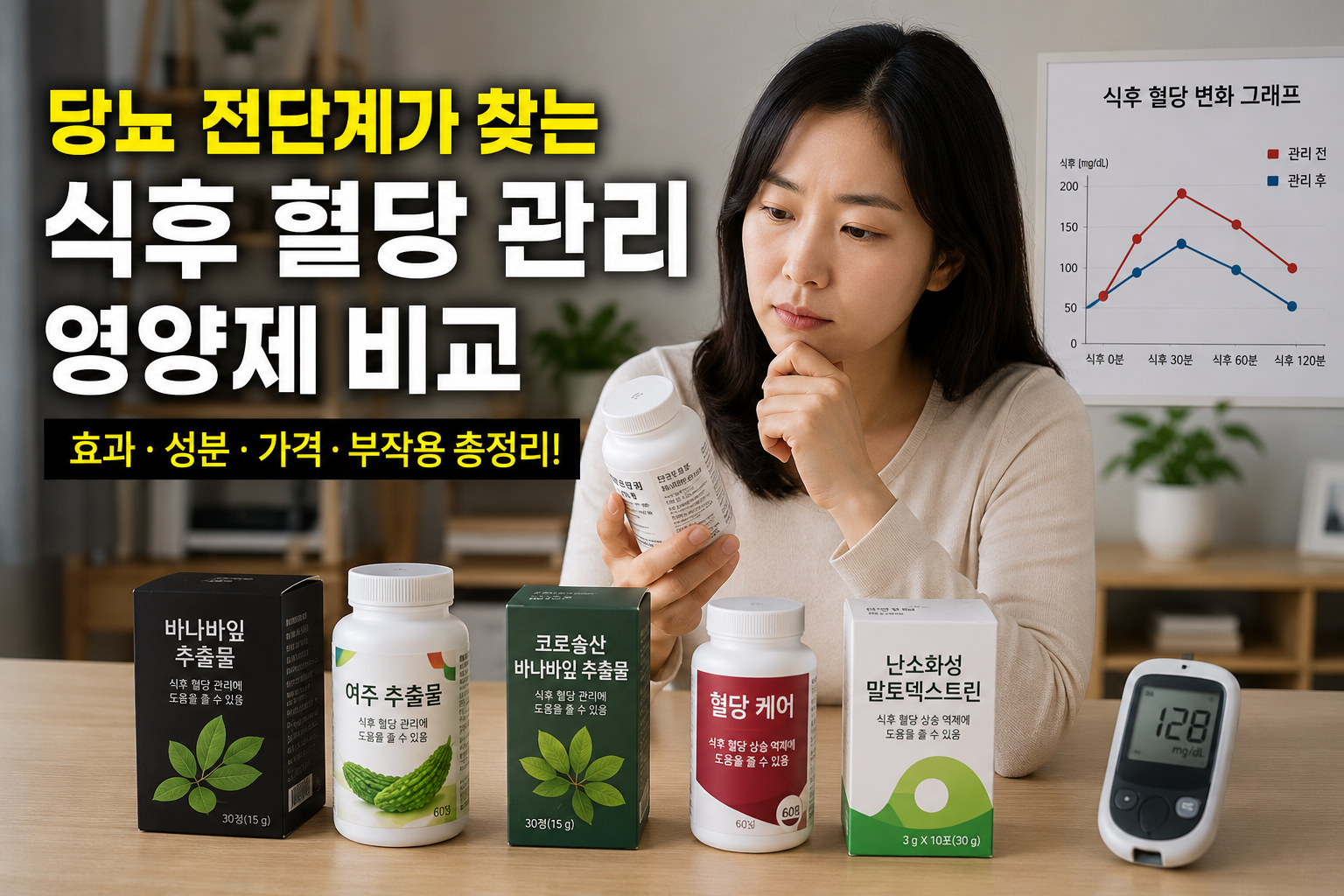 당뇨 전단계 식후 혈당 관리 영양제를 비교하는 한국인 여성과 혈당 관리 제품