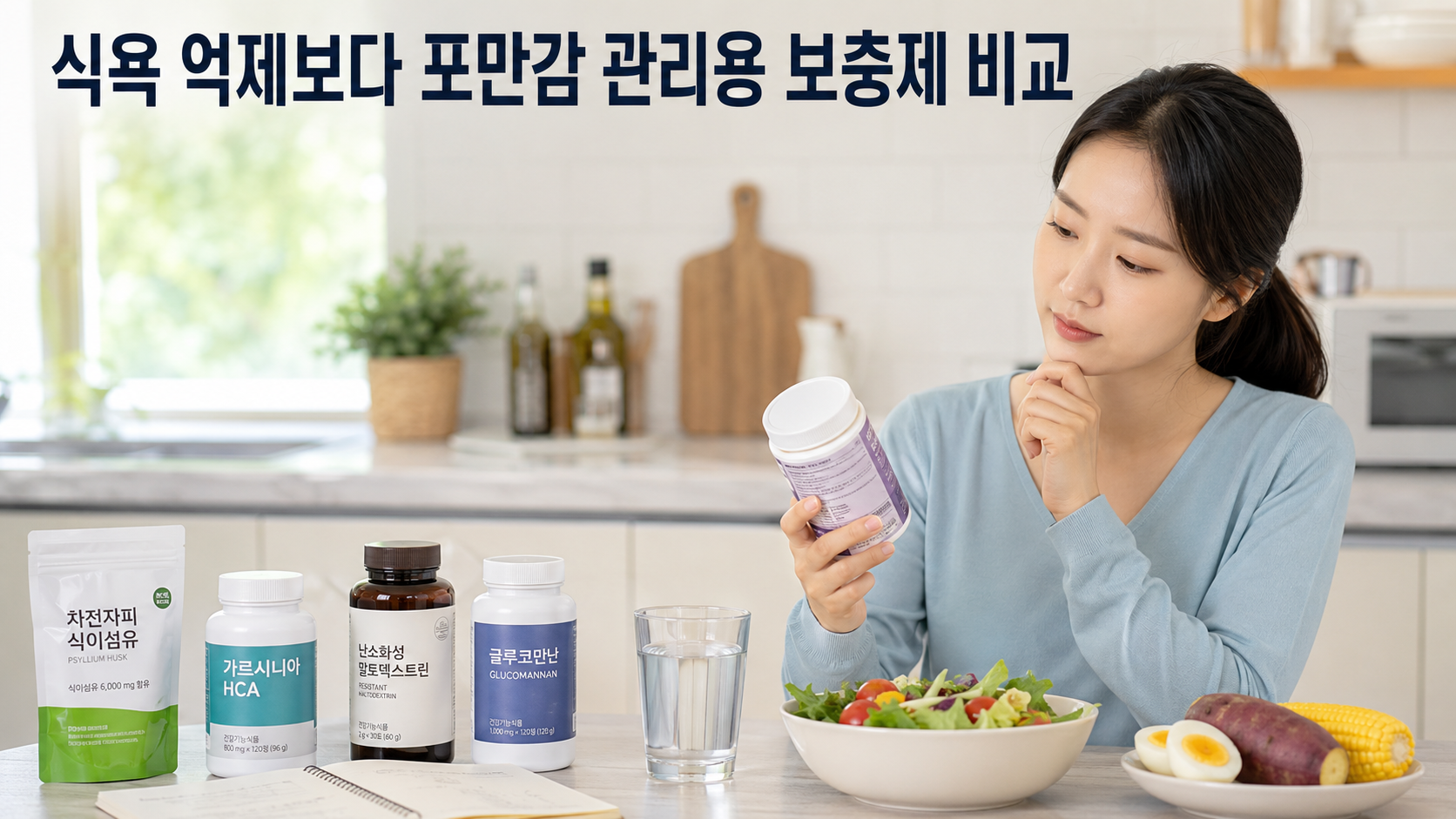 포만감 관리용 보충제를 비교하는 한국인 여성과 건강한 식단