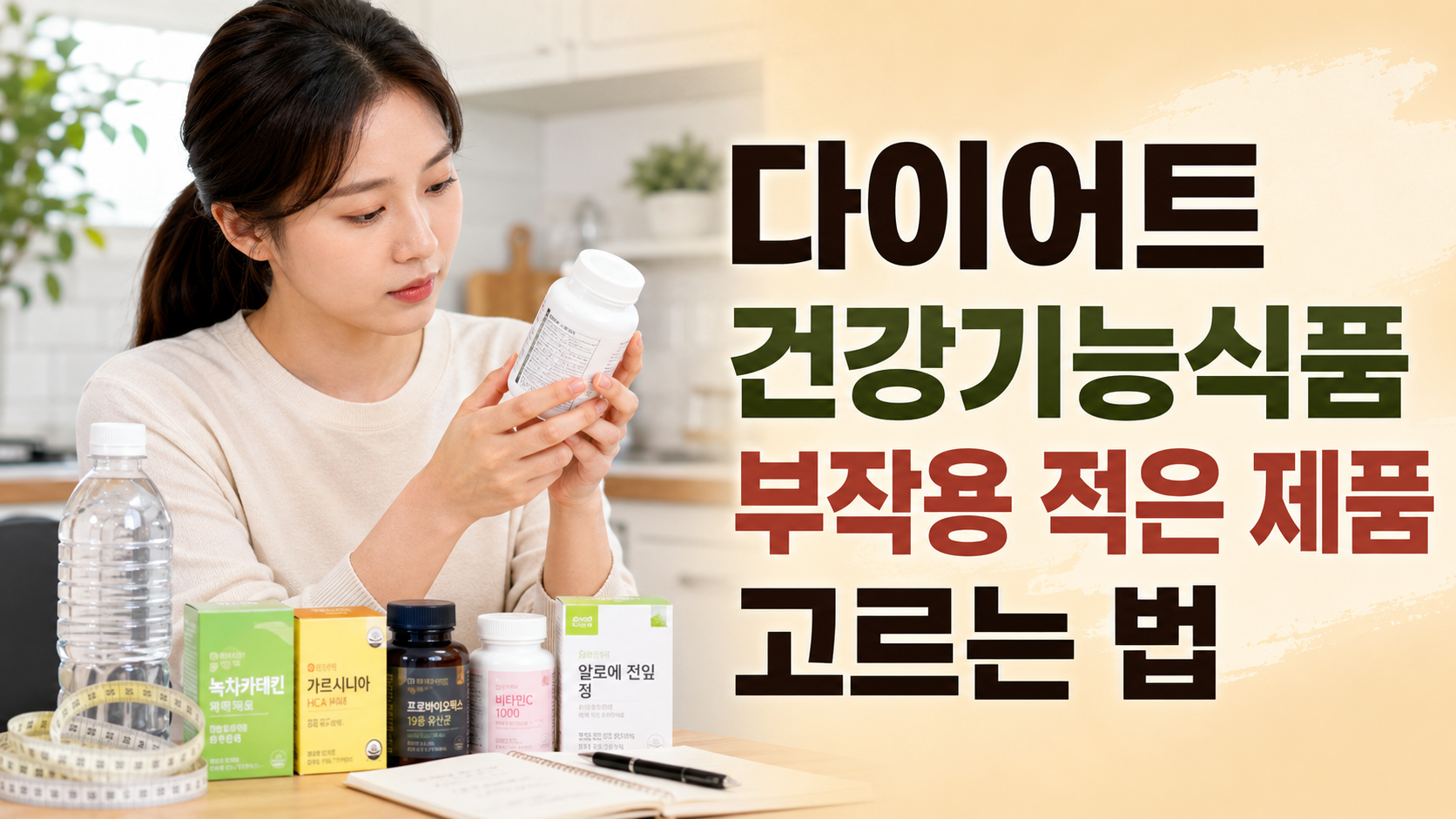 다이어트 건강기능식품 부작용 적은 제품 고르는 법을 위해 한국인 여성이 건강기능식품 라벨을 확인하는 썸네일 이미지