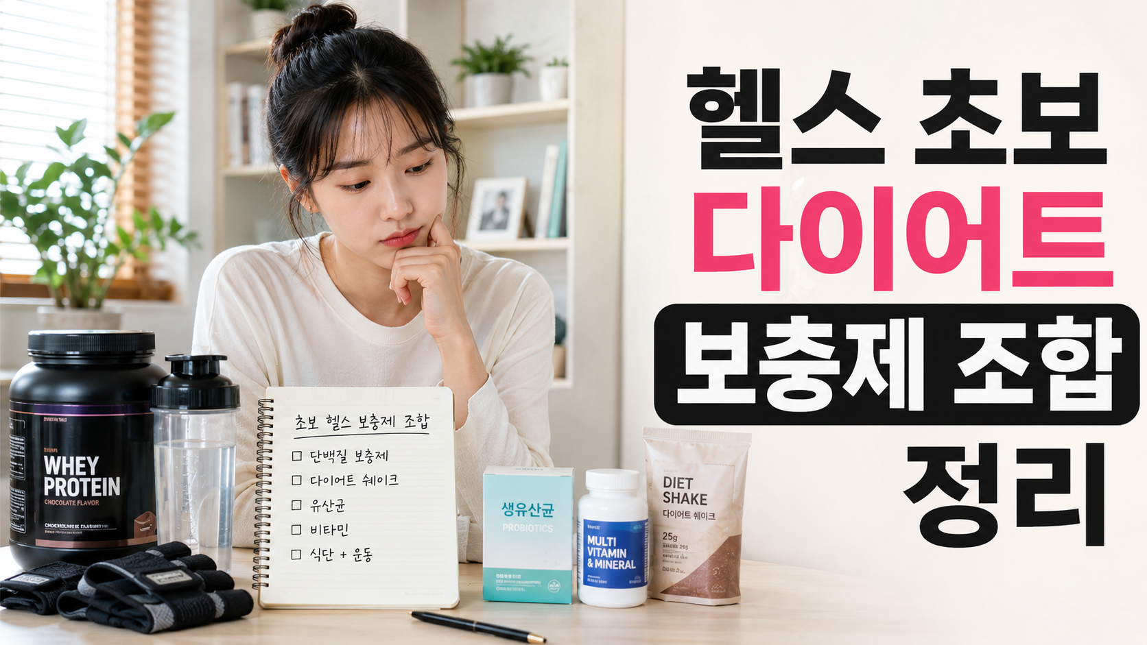 헬스 초보 다이어트 보충제 조합 정리를 위해 한국인이 단백질 보충제와 건강 보조 제품을 비교하는 썸네일 이미지