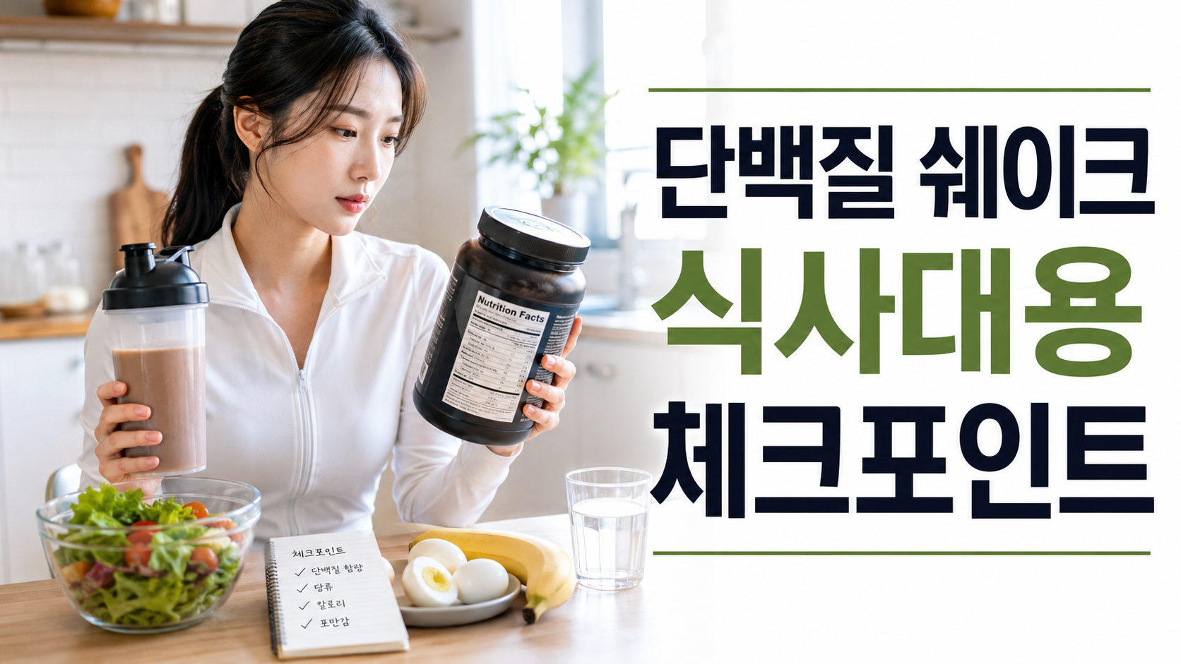 단백질 쉐이크를 식사대용으로 먹을 때 체크할 점을 설명하는 한국인 여성 썸네일 이미지