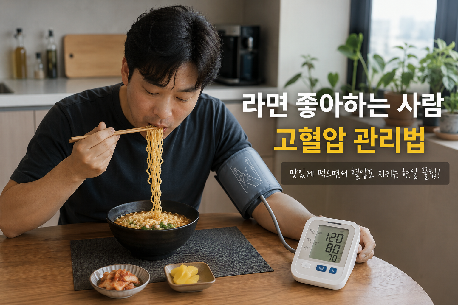 라면을 먹으면서 혈압을 측정하는 한국인 남성의 고혈압 관리 이미지