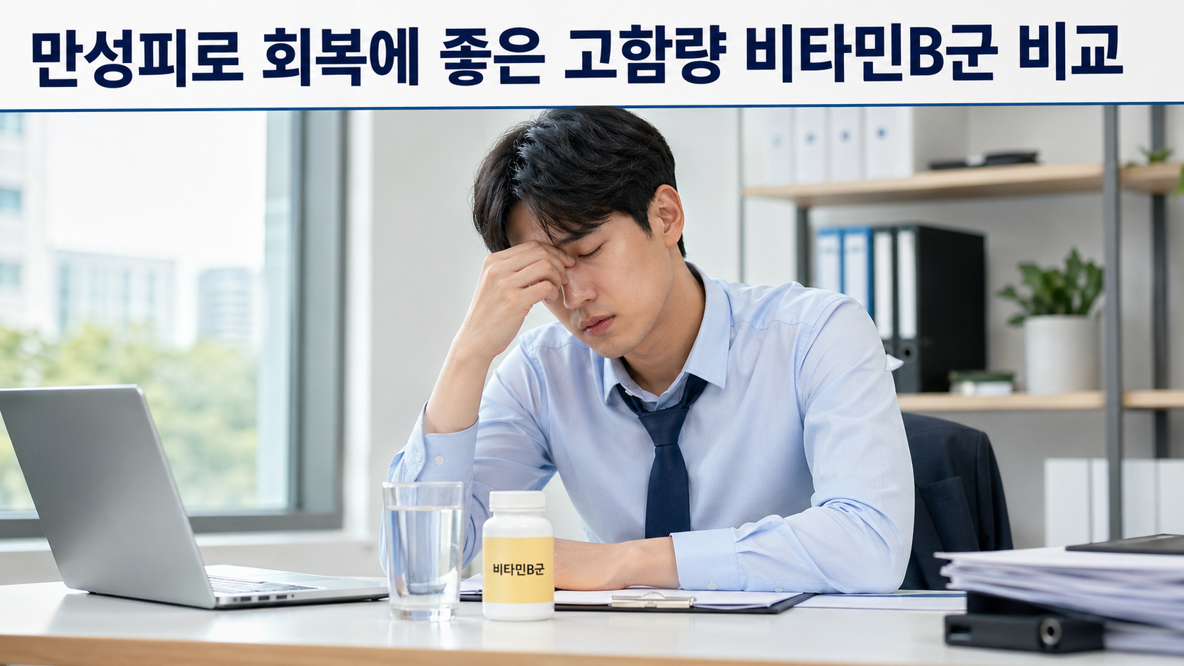만성피로 회복에 좋은 고함량 비타민B군 비교를 설명하는 한국인 30대 직장인 썸네일 이미지