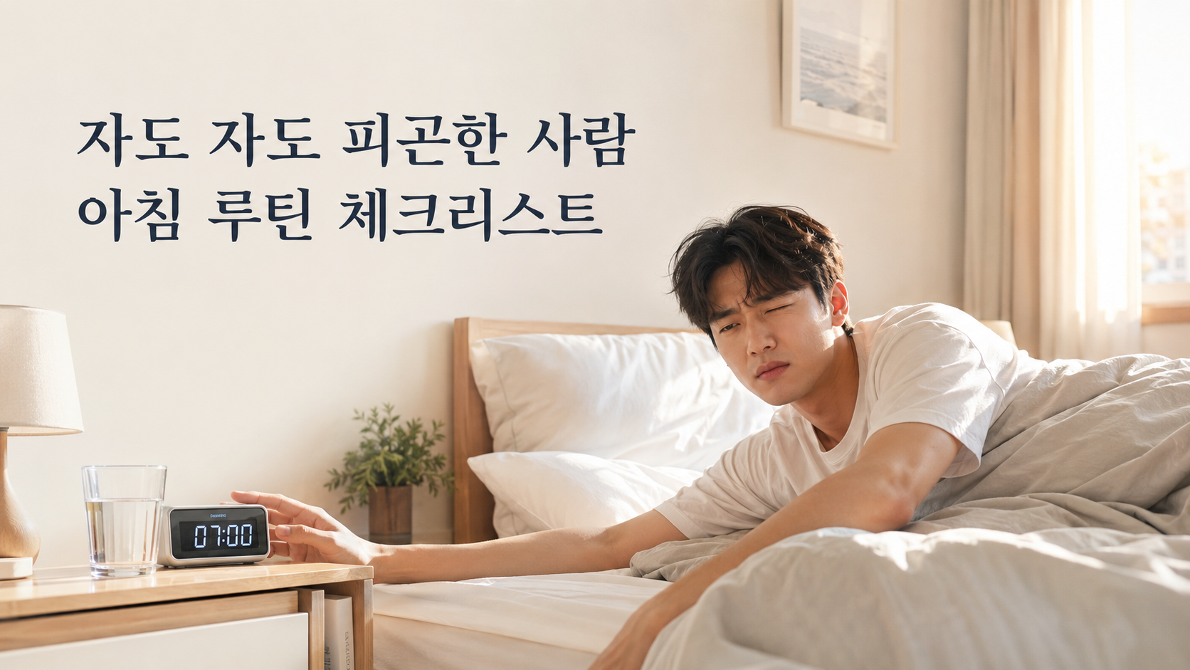 자도 자도 피곤한 한국인 직장인이 아침 침대에서 일어나는 아침 루틴 체크리스트 썸네일