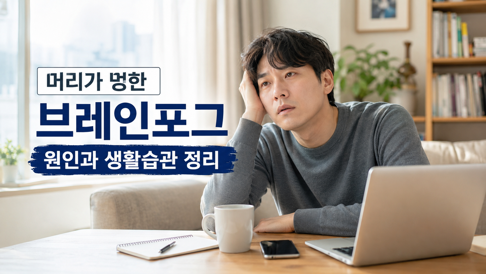 머리가 멍한 브레인포그 원인과 생활습관을 설명하는 한국인 직장인 썸네일 이미지
