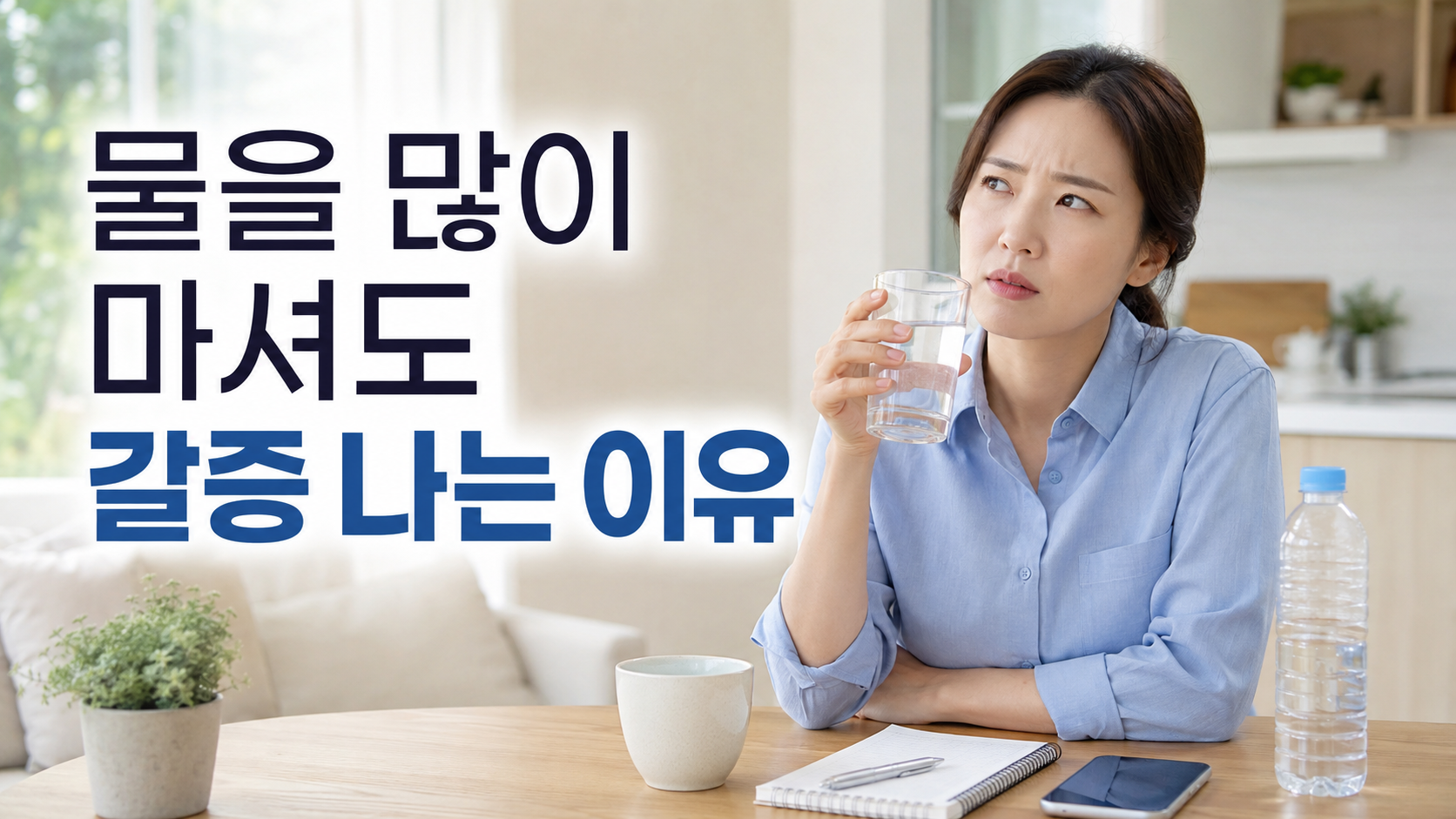 물을 많이 마셔도 갈증이 계속 나는 이유를 설명하는 한국인 여성 건강 정보 썸네일