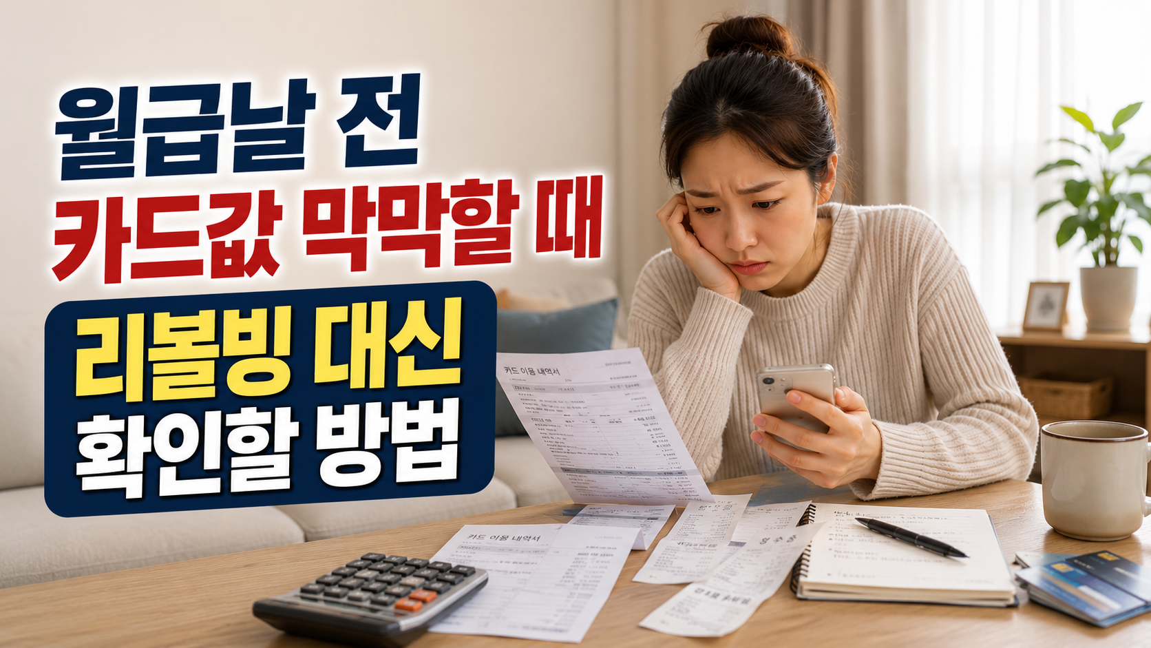 월급날 전 카드값이 막막한 한국인 직장인 여성이 리볼빙 대신 대안을 확인하는 장면