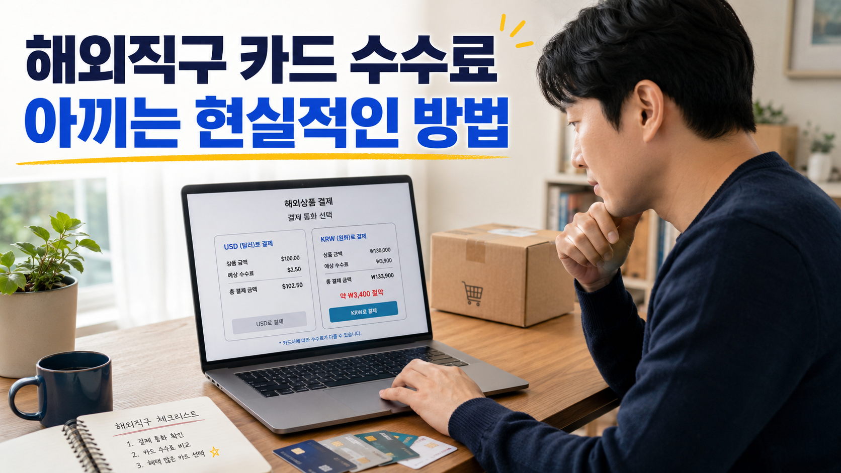해외직구 카드 수수료를 아끼는 방법을 비교하는 한국인 소비자 썸네일