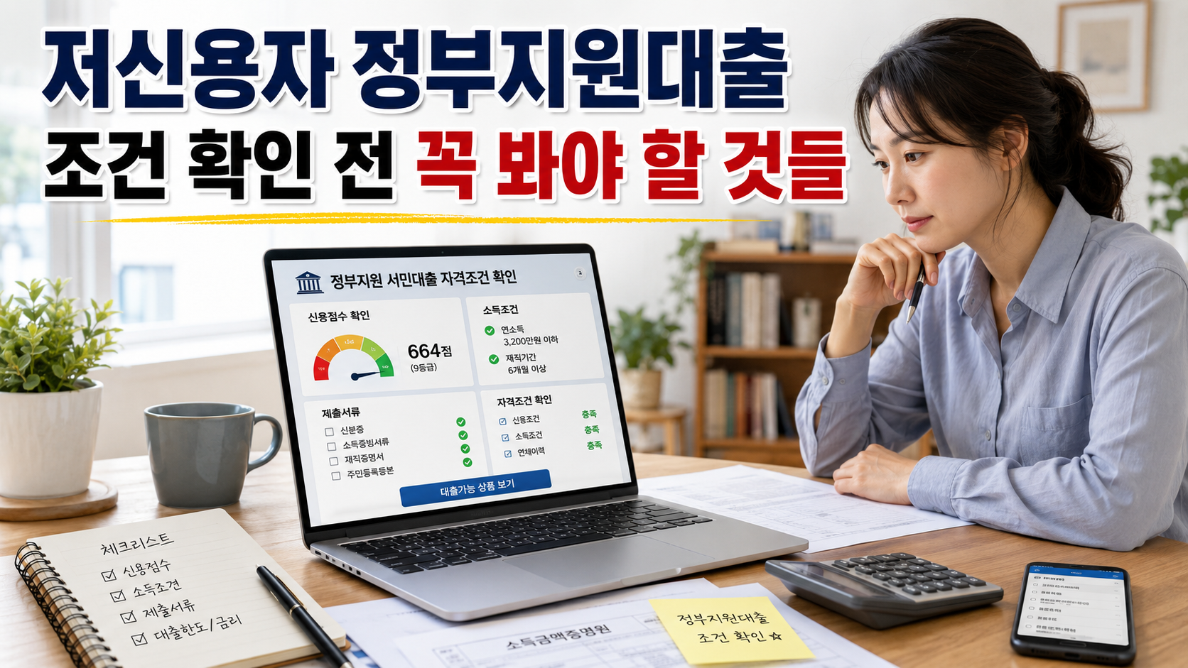 저신용자 정부지원대출 조건을 확인하는 한국인 여성과 체크리스트 화면 썸네일