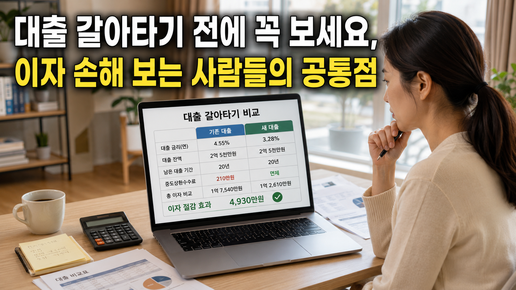 대출 갈아타기 전 이자 손해 포인트를 비교하는 한국인 여성 썸네일