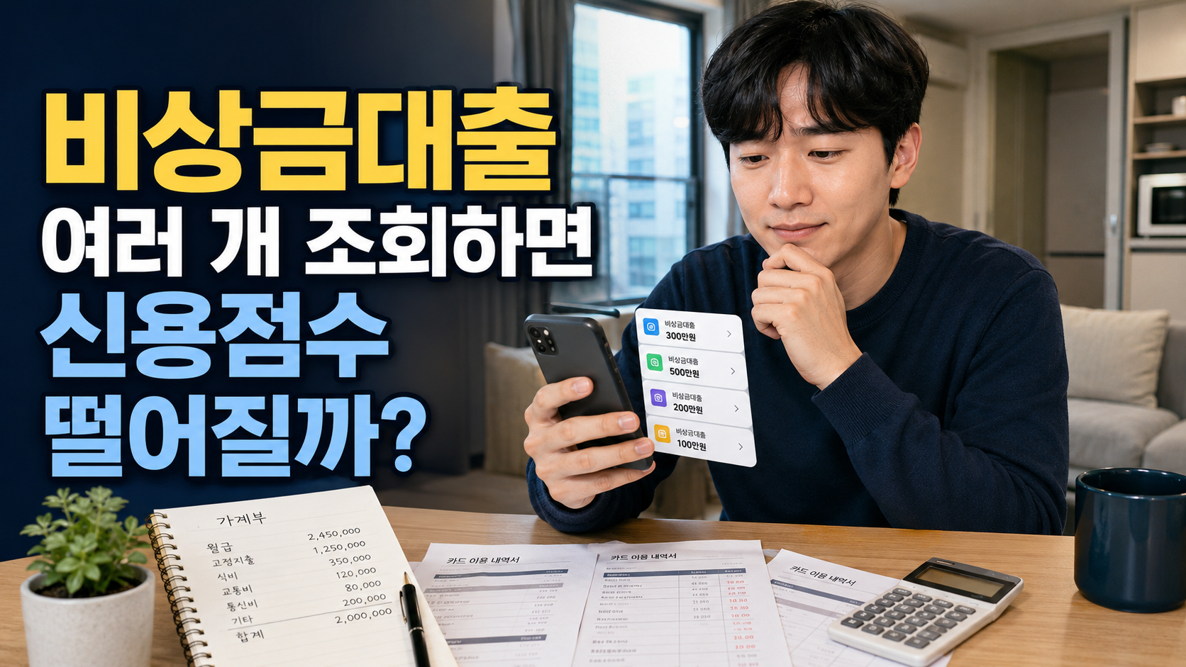 한국의 20~30대 직장인이 비상금대출 앱을 여러 개 비교하며 신용점수 하락 여부를 고민하는 장면